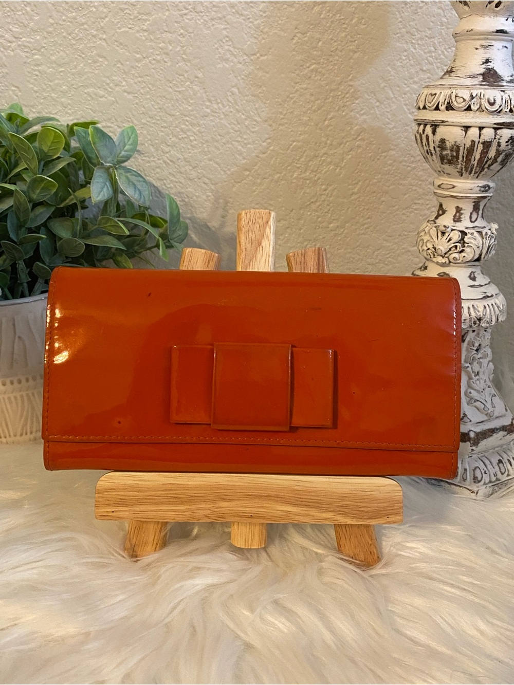 Miu Miu Patent Leather Bow Accent Long Wallet — Orange